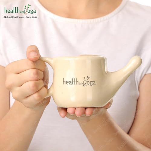 Image of HealthAndYoga FloJar Ceramic Jal Neti Pot (250 ml, Beige) + HealthAndYoga Jala Neti Salt Sachets (Pack of 10)- Saline Nasal Wash Yoga Detox -for Common Cold, Dust & Pollution-Spill-Proof Design