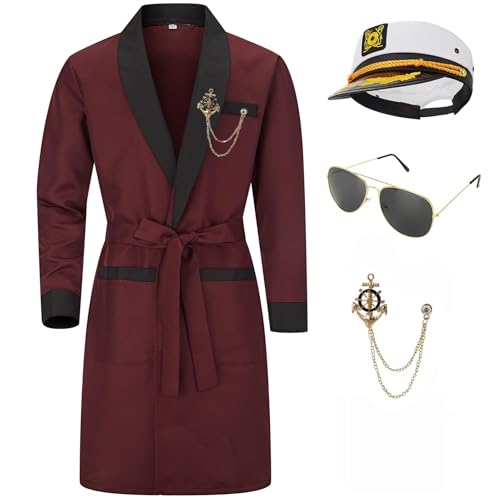 Digfar Men Silk Robe Red Jacket Hugh Costume With Belt Brooch Captain Sailor Hat Toy Glasses Set Halloween Hefne Costume Men
