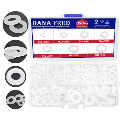 350pcs White Nylon Flat Round Washer Spacer,7 Sizes M2-M8 White Flat Washers Assortment Kit,Countersunk Plastic Spacer Thickness Gasket Ring Hardware Tool Fastener for Screw M2 M2.5 M3 M4 M5 M6 M8