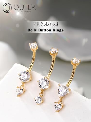 OUFER Belly Button Rings, 14K Solid Gold Belly Rings, Dangle Belly Button Piercing, 14G Belly Piercing Jewelry, Clear CZ Navel Rings, Heart Belly Rings for Women Men2