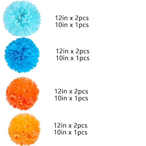 Image of We Moment Paper Pom Poms - Orange & Blue Light Decorations for Wedding, Birthday & Party - 12pcs, 4 Colors, 12 & 10 Inch