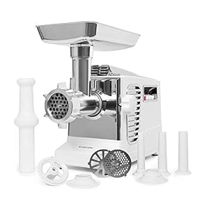 Klarstein Kraftprotz - Tritacarne Elettrico, 700 W, Potenza Bloccaggio: 1800 W, Motore in Rame, 2 Velocità e Inversione, Vaschetta in Alluminio, Lama in Acciaio Inox, 3 Dischi Forati, Bianco/Argento
