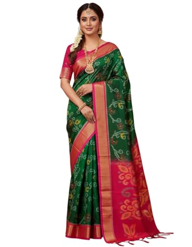 Image of AYYAPPASILK Women's Exclusive Ikkat Silk Saree for Designer Border with Contrast Blouse