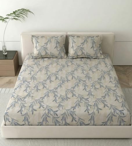 Image of Mafatlal 186 TC Metro Cotton Double Bed Bedsheet | 90x100 Inch|Soft, Breathable & Lightweight | Includes 2 Pillow Covers| Cream Blue 1