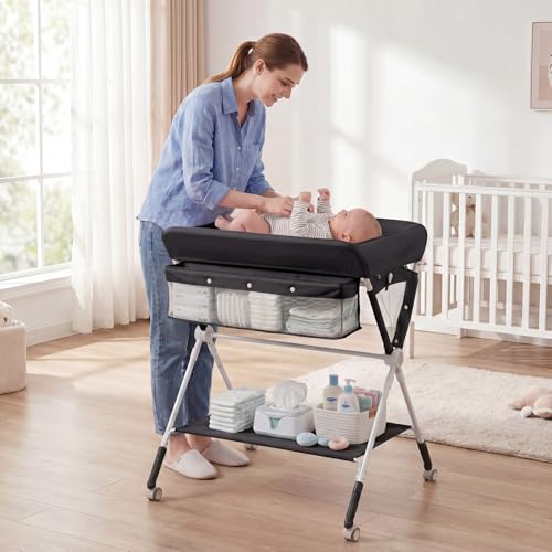 Image of HONEY JOY Changing Table, Folding Mobile Nursery Organizer w /Wheels, Adjustable Height, Storage Bag & Open Shelf, Portable Diaper Changing Station for Newborn Infant (Black, 32 inchx26 inchx39.5 inch)