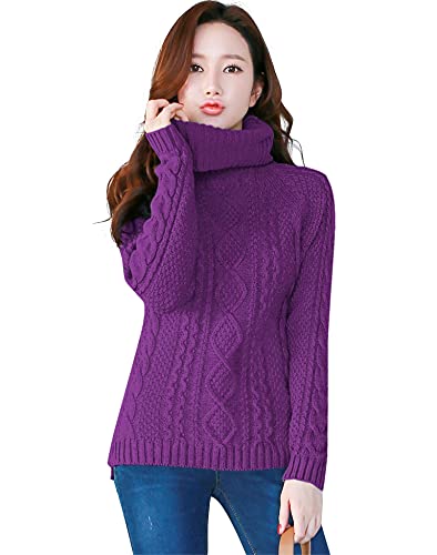 Image of v28 Women's Cotton Turtle Cowl Neck Aran Fishermen Fair Isle Cable Knit Sweater