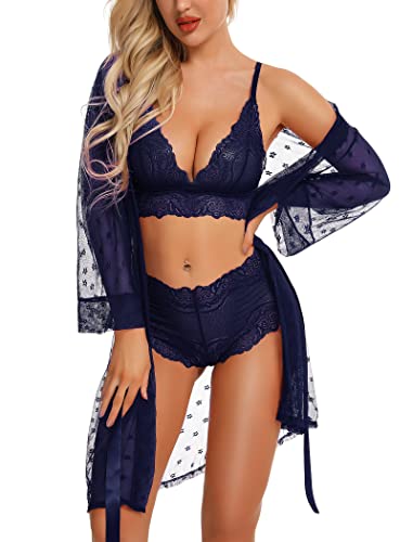 RSLOVE Sexy Lingerie pour Femmes Ensemble de Lingerie en Dentelle avec Peignoir en Maille Ensemble 3 pièces Vêtements de Nuit Bleu Marine M