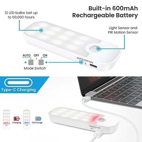 ANOPU Motion Sensor Lights Indoor, 2 Pack USB Rechargeable Stick on Lights with 3 Modes, Wireless Motion Sensor Light with Magnetic Strips for Wardrobes, Stairs, Hallway, Bedroom, Cupboard - Image 5
