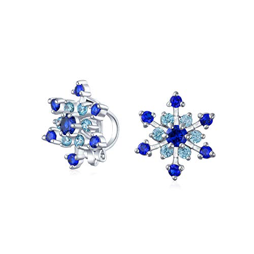 Christmas Holiday Party CZ Royal Ice Blue Aqua Cubic Zirconia Star Snowflake Stud Clip On Earrings No Piercing Silver Plated Brass