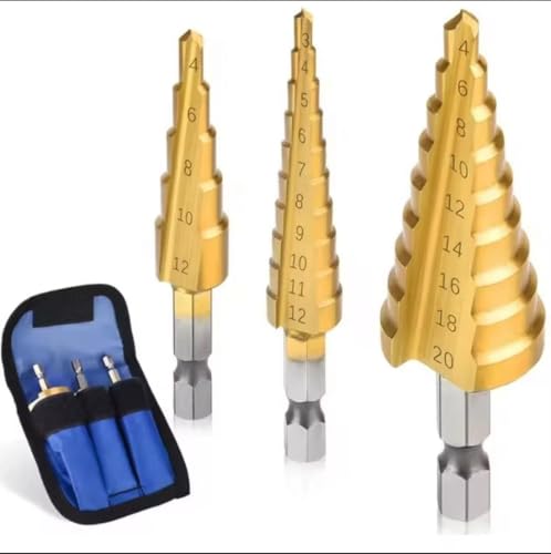 Kit 3 Brocas Escalonadas HSS Revestidas em Titânio, 3-20mm, para Metal, Madeira e Plástico