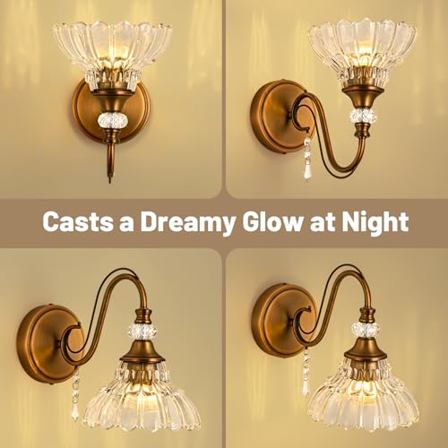 Image of 1 Piece Vintage Wall Sconce, 1-Light Matte Antique Brass Finish Wall Sconce with Hanging Crystal Accents and Flower-Shaped Clear Shades for Bathroom Bedroom Living Room,Vintage Vanity Light