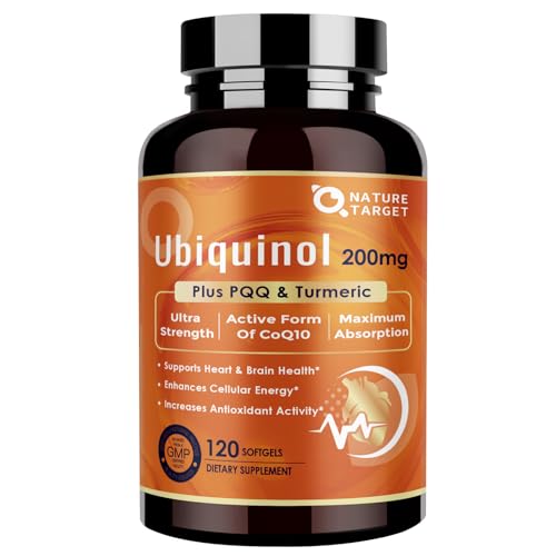 NATURE TARGET Ubiquinol CoQ10 200mg softgels with PQQ & Turmeric High Absorption Coenzyme Q10 Supplement with ALA & Black Pepper Antioxidant for Brain Health Energy Production 120 Count