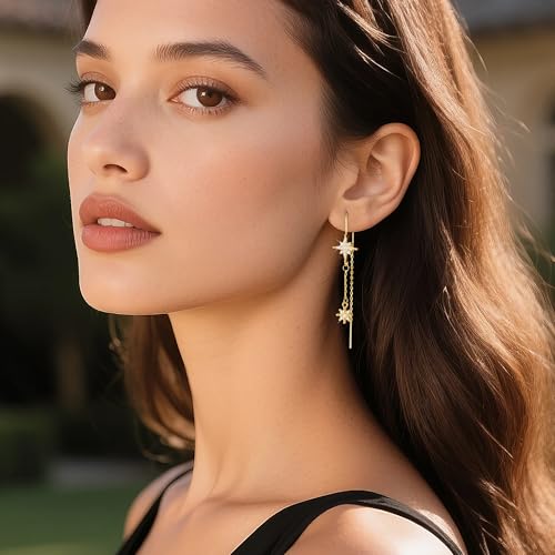 Sterling Silver Dangle Earrings for Women| Threader Drop Silver CZ Star Dangle Earrings for Women Teen Girls Long Dangle Earrings Prom Threader Tassel Cubic Zirconia Jewelry Gifts3