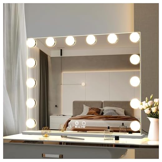 BEAUTME Large Vanity Mirror with Lights,Hollywood Lighted Makeup Cosmetic Mirrors with Smart Button,Tabletop or Wall Mounted Makeup Mirrors(White)