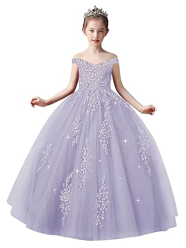 Off Shoulder Tulle Pageant Dress Lace Applique Flower Girl Dress Ball Gown Toddler Kids Birthday Party Dress