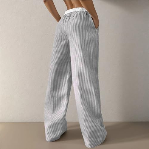 Women's Linen Wide Leg Pants Casual High Waist Striped with Pockets Daily Fit Jogging Sweatpants Petite Body Pants3