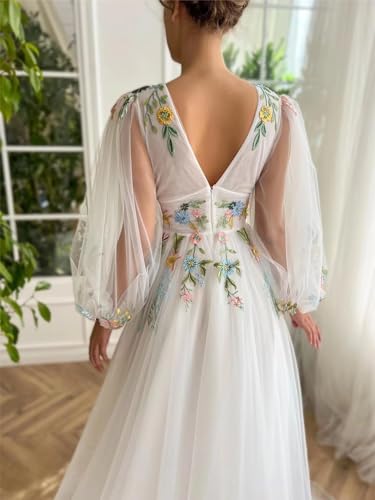 Tulle Puffy Sleeve Prom Dresses Flower Embroidery Formal Gowns Long Sleeves V Neck Evening Party Gown with Slit3
