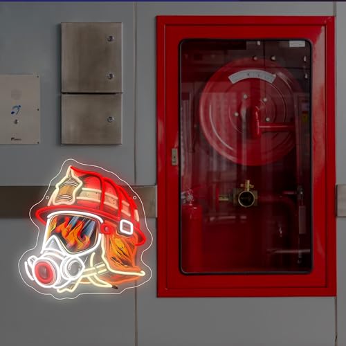 Image of Fire fighter Helmet LED Neon Sign USB Powered for Wall Decor,True Hero Firefighting Neon Night Light Sign Dimmable for Man Cave Room Party Decor, Firefighter Gifts for Men