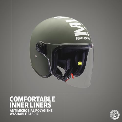 Image of Royal Enfield ISI Certified Open Face Riding MLG Helmet with Clear Visor Matt Battle Green-Impact Protection, Better Scratch Resistance, Anti-Microbial Fabric, Size: L(59-60Cm)