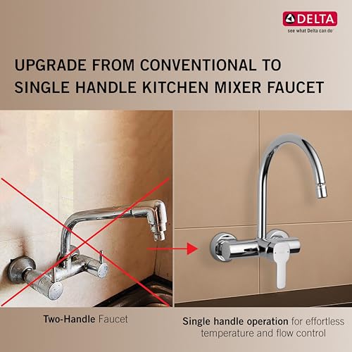 Image of Delta Faucet Wall Mount Kitchen Sink Faucet Mixer I 10 Year Warranty I Aerated Foam Flow Kitchen Faucet I Sink Tap with 360 Spout Rotation I Kami Kitchen Sink Tap I Chrome I 33904