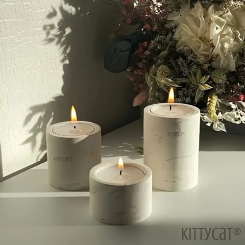 Image of Kitty Cat Aesthetic Tealight Candle Holder Set of 3 | Handmade White Concrete Candle Stand | Minimal Scandinavian Home Decor | Desk & Table Accent for Festivals, Cafes & Bedrooms
