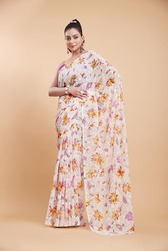 Image of Garden Vareli Summer Roganza Viscose Brasso Floral Print Saree with Unstitched Blouse Piece