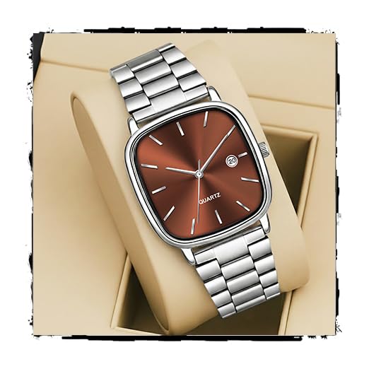 Image of Acnos Luxury Square Dial Quartz Watch for Men & Women - Stainless Steel Bracelet, Minimalist Analog Wristwatch with Date Window Pack of 1