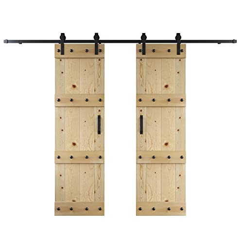 48 in x 84in. Castle-Series DIY Finished Knotty Pine Wood Double Sliding Barn Door with Hardware Kit (Unfinished)