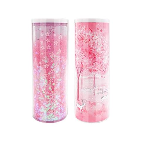 TITA-DONG Luminous Quicksand Translucent Creative Multifunction Cylindrical Pencil Box Case,Double-Sided Pencil Box School Stationery Pen Holder with Calculator Cover