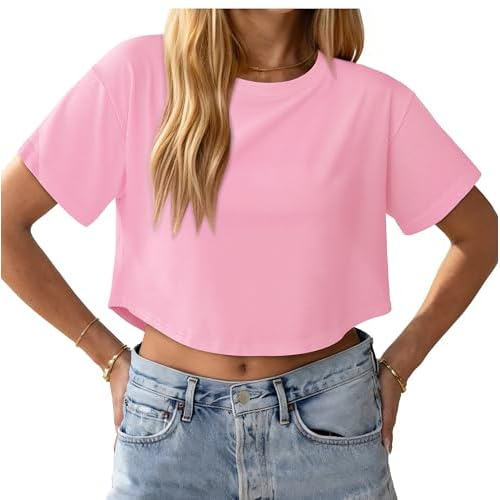 Crop Tops for Women Short Sleeves T Shirts Casual Crewneck Curved Hem Loose Fit Summer Basic Tees 2026