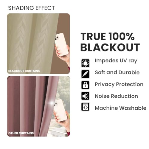 Image of LINENWALAS 100% True Blackout Curtains 6 Feet Long - 1 Panel Curtain, Herringbone Embossed Design Complete Light Block, Thermal Insulated & Noise Reducing Room Darkening Curtains (Beige)