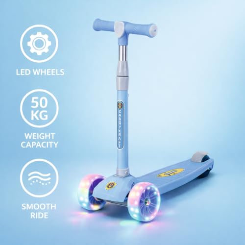 Image of Kids Foldable Kick Scooter with 4 Level Adjustable Height & LED PU Wheels | for Ages 3-14 Years | Rear Brake | 50 kg Weight Capacity | Color Blue
