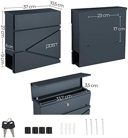 SONGMICS Modern Mailbox, Lockable Wall-Mounted Post Letter Box with Newspaper Holder, Easy to Install, Anthracite Grey GMB051G02