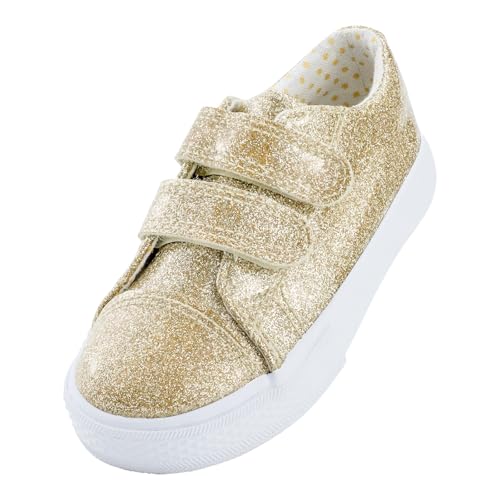 waddle wonder Toddler Shoes for Unisex-Child Princess Glitter Fashion Hook and Loop Easy On & Off Double Strap Laceless Casual Sparkly Sneaker Gold Size 6-10