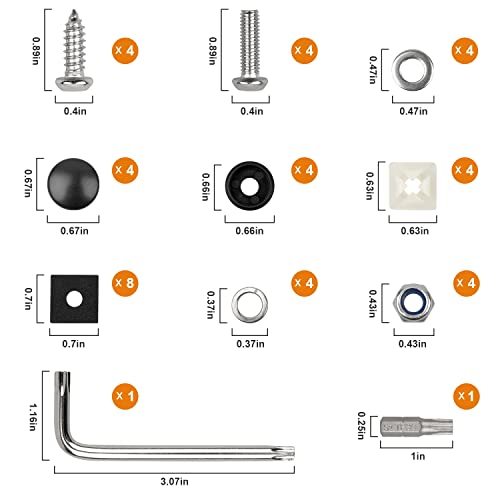 License Plate Screws Kits, Stainless Steel Anti Theft Mounting Hardware for Car Tag Plate Frames Covers, M6 (1/4\") Tamper Proof Screws, Fastener Nut, Caps Cover for Front Rear Frame Holder Mounting