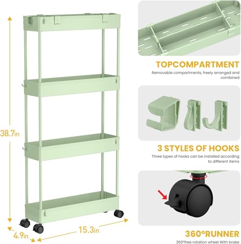 Image of SPACELEAD 2-piece Set Slim Storage Cart 3 Tier,Bathroom Organizer Rolling Utility,Mobile Shelving Unit Slide Out for Office, Kitchen, Laundry Room & Narrow Places