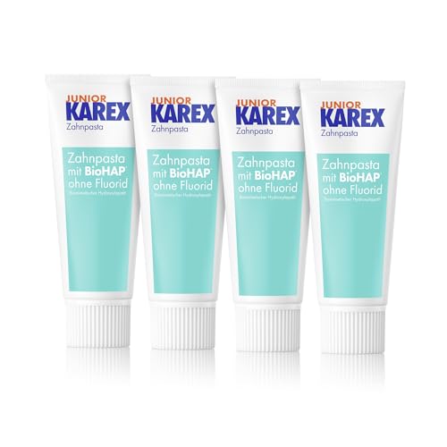 Junior KAREX Zahnpasta - 4 x 65 ml – Kariesschutz für Kinder ab 6 Jahren mit BioHAP – für die speziellen Bedürfnisse des Wechselgebisses von Kindern – repariert kleine Defekte am Zahnschmelz