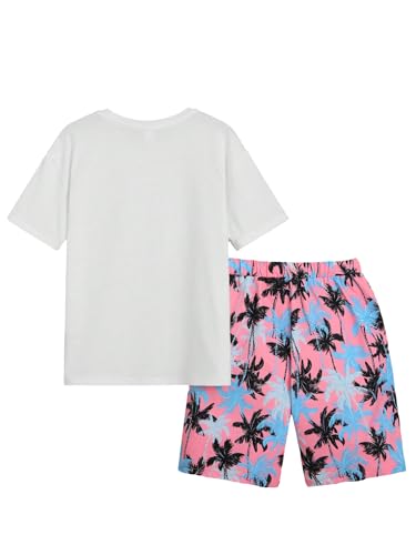 Image of RoseSeek Boy's 2 Piece Outfits Letter and Tropical Graphic Tees and Shorts