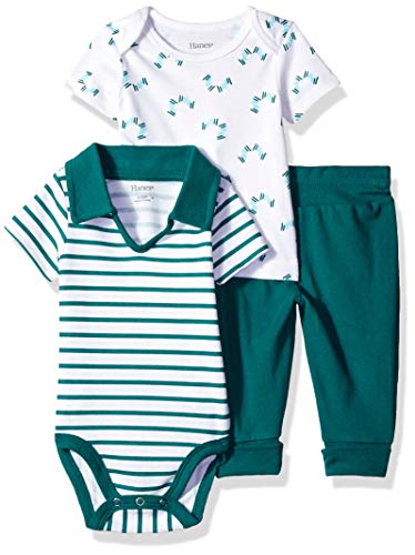 Hanes Ultimate Baby Flexy Knit Jogger with Polo Bodysuit and Short Sleeve Crew, Green Print, 18-24 Months