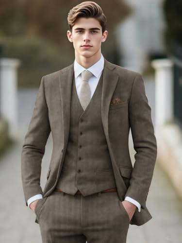 VENNYNG Men's Slim Fit Herringbone Tweed Suits Vest Blazer Pant Set Vintage Winter Wedding Groom Outfit3