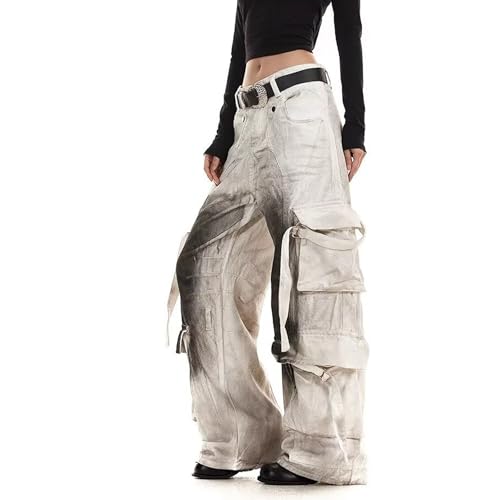 Women Y2K Baggy Cargo Jeans Low Rise Retro Distressed Inkjet Multi-Pocket White Pants Street Style Harajuku Clothing3