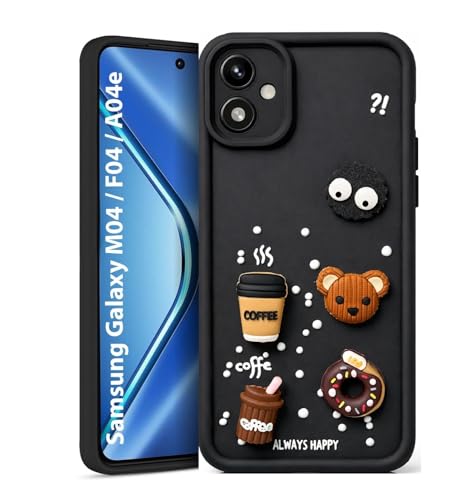 Image of Bintage Cute Fun Taddy Cartoon 3D Ball Bear Milk Cake Coffee Silicon Case Full Body & Camera Protection Back Cover Compatible for Samsung Galaxy F04-4G - Black