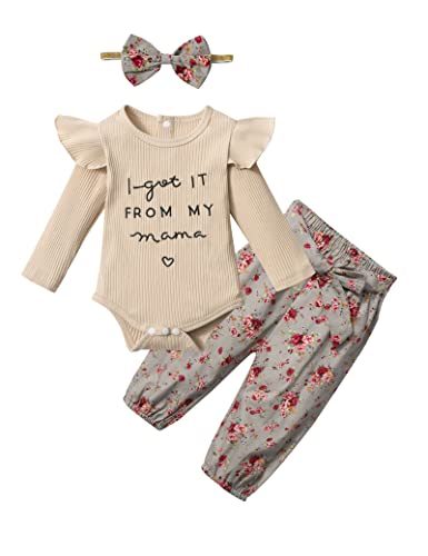 KANGKANG Newborn Baby Girl Clothes Ribbed Ruffle Sleeve Romper + Floral Pants + Headband Cute Infant Baby Girl Outfit 3Pcs