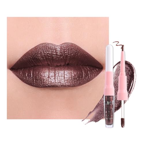 Image of evpct Dark Brown Metallic Glitter Lip Liner and Lipstick Combo Lip Gloss Stain Set Makeup for Women Long Lasting Waterproof 24, Chocolate Metallic Shimmer Frosted Iridescent Shiny Liquid Lipstick 11