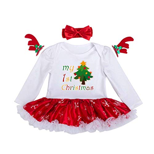 Pandiki Conjunto de Diadema de Mameluco navideño recién Nacido Mameluco de Manga Larga para niña, Conjunto de Diadema de Mameluco navideño, Vestido Largo de Mono