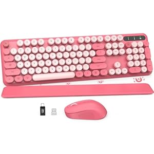 Wireless Keyboard and Mouse Combo – Round Keycaps, Full-Size Retro Typewriter Keyboard with Detachable Wrist Rest, Sleep Mode & Tilt Legs, 2.4GHz Cordless Connection for Mac/Windows/PC (Hot Pink)