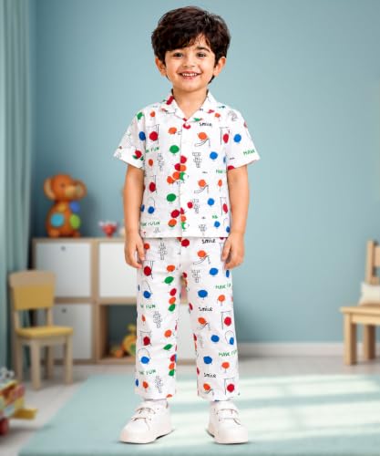 Image of 3BROS Unisex Pure Cotton Short Sleeve Kids Night Dress for Boys & Girls Nightwear /Sleepsuit /Sleepwear /Loungewear Night Suit for Boys and Girls Top and Pyjama Combo Set