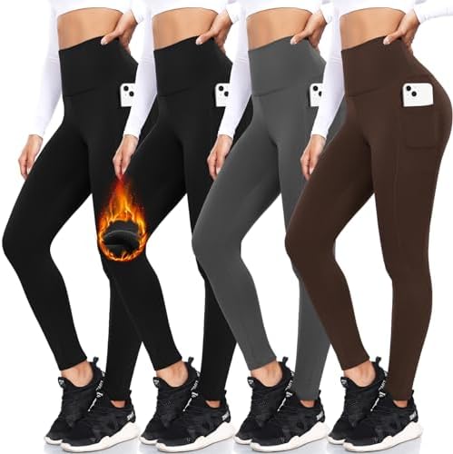 FULLSOFT 4 Pack Fleece Lined Leggings with Pockets for Women High Waisted Thermal Winter Warm Yoga Pants for Workout Running