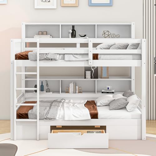 WIZBED Kinderbetten Etagenbett mit Schubladen, Bücherregal, Leiter & 2 Liegeflächen 90 x 200 cm, Platzsparendes Kinder Etagenbetten, Hochbett, Weiß