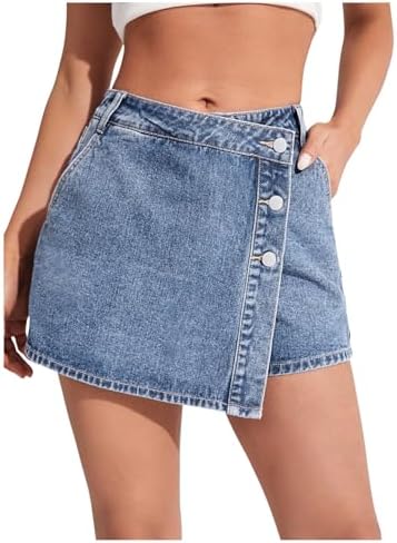 WDIRARA Women's High Waisted Button Front Denim Skort Asymmetrica...